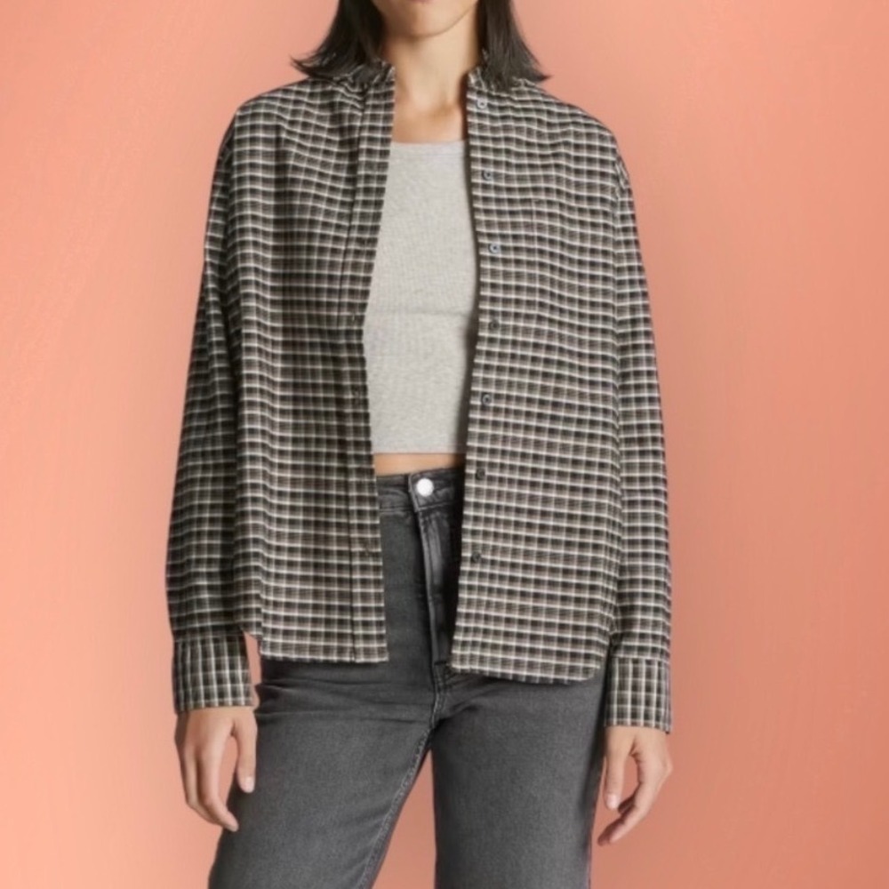 Everlane Boxy Oxford Button Down Top Brown Falcon Plaid Organic Cotton - Medium
